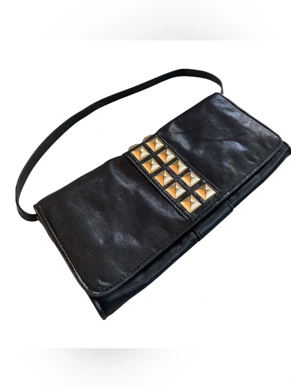 Michael Kors Calista Studded Leather Clutch Shoulder Bag Black Gold